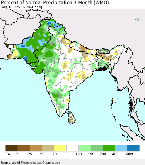 Southern Asia Percent of Normal Precipitation 3-Month (WMO) Thematic Map For 8/16/2024 - 11/15/2024