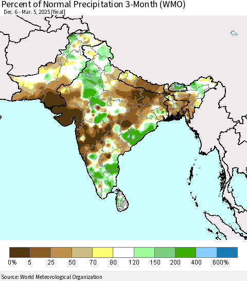 Southern Asia Percent of Normal Precipitation 3-Month (WMO) Thematic Map For 12/6/2024 - 3/5/2025