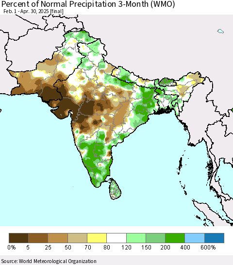 Southern Asia Percent of Normal Precipitation 3-Month (WMO) Thematic Map For 2/1/2025 - 4/30/2025