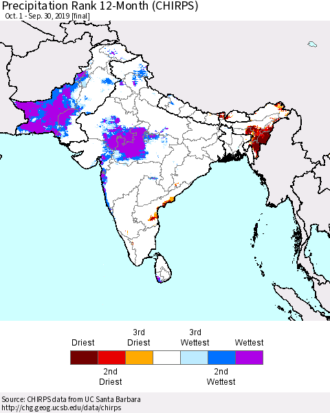 Southern Asia Precipitation Rank 12-Month (CHIRPS) Thematic Map For 10/1/2018 - 9/30/2019