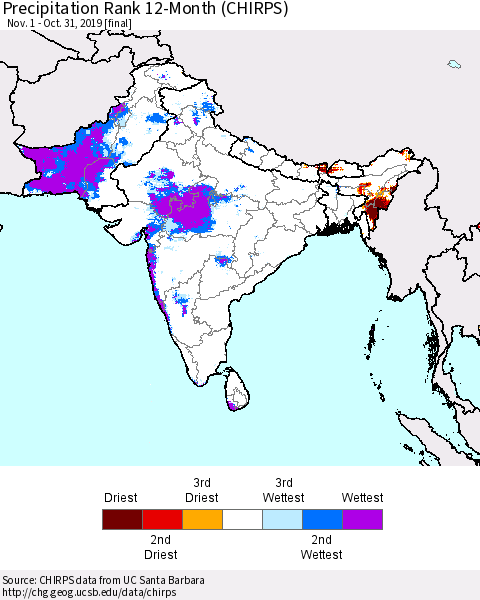 Southern Asia Precipitation Rank 12-Month (CHIRPS) Thematic Map For 11/1/2018 - 10/31/2019