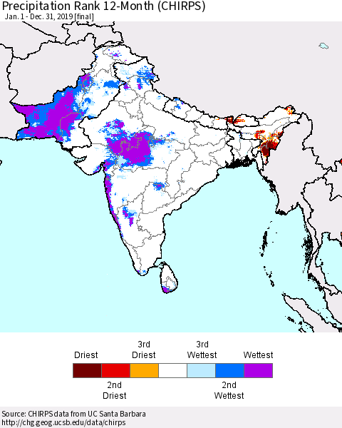 Southern Asia Precipitation Rank since 1981, 12-Month (CHIRPS) Thematic Map For 1/1/2019 - 12/31/2019