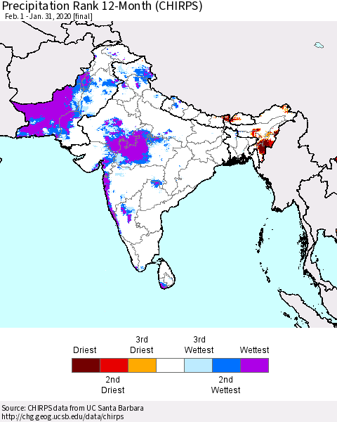 Southern Asia Precipitation Rank 12-Month (CHIRPS) Thematic Map For 2/1/2019 - 1/31/2020