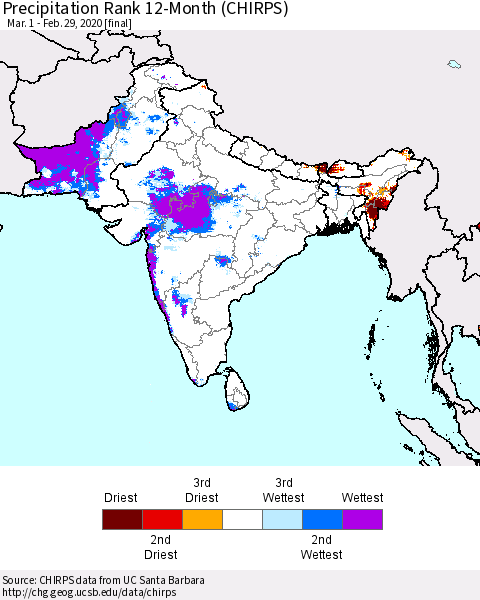 Southern Asia Precipitation Rank 12-Month (CHIRPS) Thematic Map For 3/1/2019 - 2/29/2020