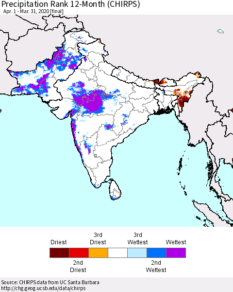 Southern Asia Precipitation Rank since 1981, 12-Month (CHIRPS) Thematic Map For 4/1/2019 - 3/31/2020