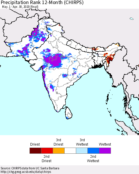 Southern Asia Precipitation Rank since 1981, 12-Month (CHIRPS) Thematic Map For 5/1/2019 - 4/30/2020