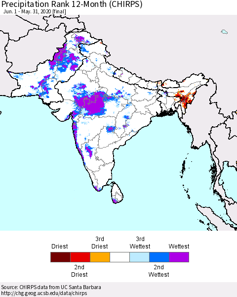 Southern Asia Precipitation Rank since 1981, 12-Month (CHIRPS) Thematic Map For 6/1/2019 - 5/31/2020