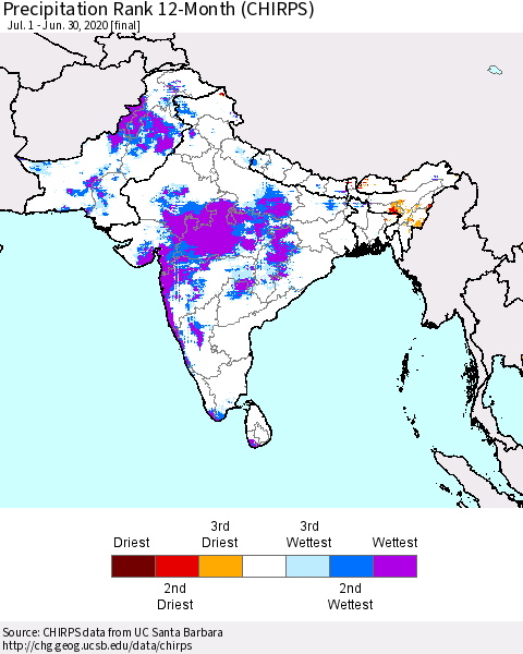 Southern Asia Precipitation Rank since 1981, 12-Month (CHIRPS) Thematic Map For 7/1/2019 - 6/30/2020