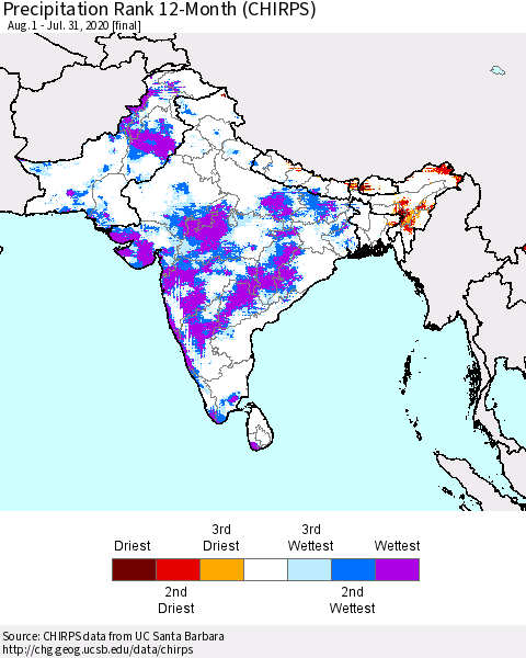 Southern Asia Precipitation Rank since 1981, 12-Month (CHIRPS) Thematic Map For 8/1/2019 - 7/31/2020