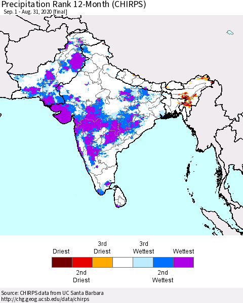 Southern Asia Precipitation Rank since 1981, 12-Month (CHIRPS) Thematic Map For 9/1/2019 - 8/31/2020