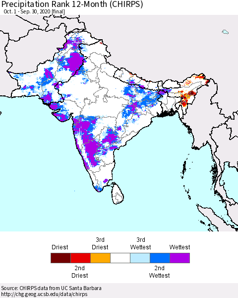 Southern Asia Precipitation Rank since 1981, 12-Month (CHIRPS) Thematic Map For 10/1/2019 - 9/30/2020