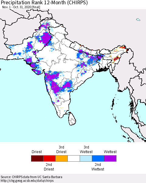Southern Asia Precipitation Rank 12-Month (CHIRPS) Thematic Map For 11/1/2019 - 10/31/2020
