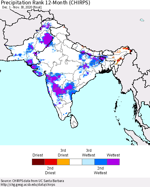 Southern Asia Precipitation Rank 12-Month (CHIRPS) Thematic Map For 12/1/2019 - 11/30/2020