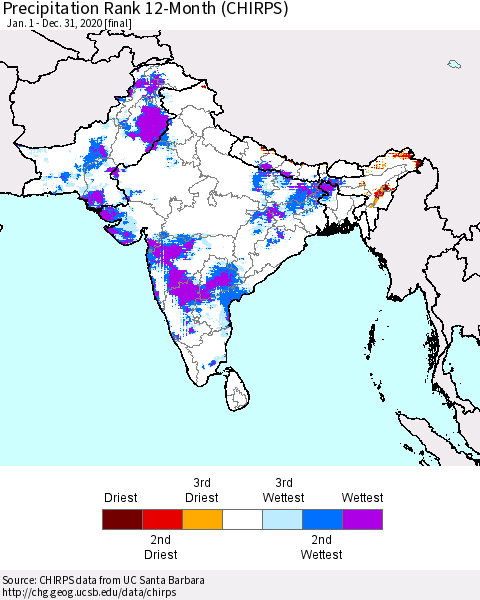 Southern Asia Precipitation Rank 12-Month (CHIRPS) Thematic Map For 1/1/2020 - 12/31/2020