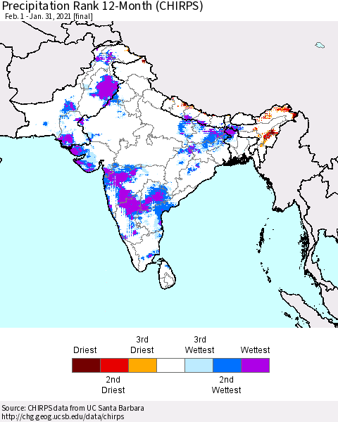 Southern Asia Precipitation Rank 12-Month (CHIRPS) Thematic Map For 2/1/2020 - 1/31/2021