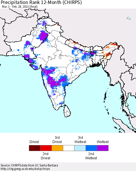 Southern Asia Precipitation Rank 12-Month (CHIRPS) Thematic Map For 3/1/2020 - 2/28/2021