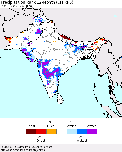 Southern Asia Precipitation Rank since 1981, 12-Month (CHIRPS) Thematic Map For 4/1/2020 - 3/31/2021
