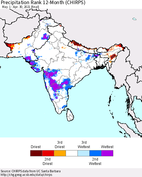 Southern Asia Precipitation Rank 12-Month (CHIRPS) Thematic Map For 5/1/2020 - 4/30/2021
