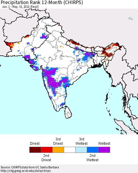 Southern Asia Precipitation Rank since 1981, 12-Month (CHIRPS) Thematic Map For 6/1/2020 - 5/31/2021