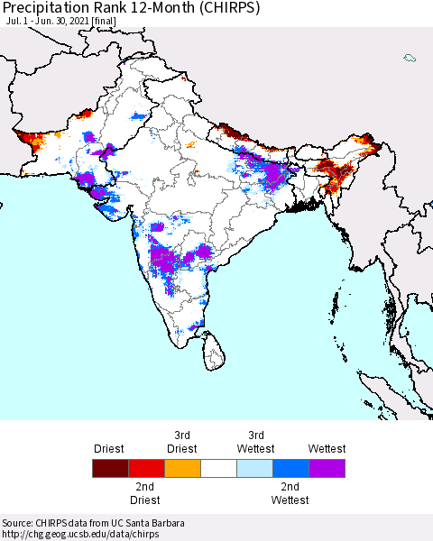 Southern Asia Precipitation Rank since 1981, 12-Month (CHIRPS) Thematic Map For 7/1/2020 - 6/30/2021