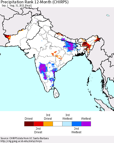 Southern Asia Precipitation Rank since 1981, 12-Month (CHIRPS) Thematic Map For 9/1/2020 - 8/31/2021