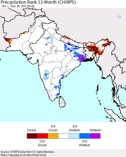 Southern Asia Precipitation Rank since 1981, 12-Month (CHIRPS) Thematic Map For 10/1/2020 - 9/30/2021