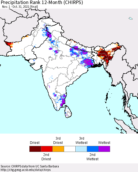 Southern Asia Precipitation Rank 12-Month (CHIRPS) Thematic Map For 11/1/2020 - 10/31/2021