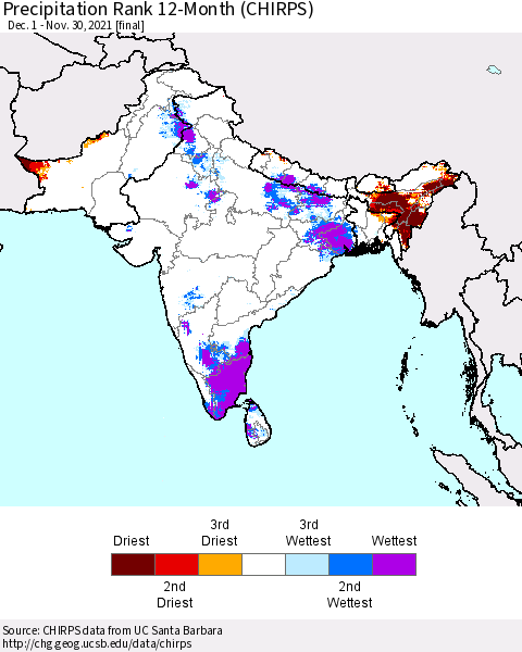 Southern Asia Precipitation Rank 12-Month (CHIRPS) Thematic Map For 12/1/2020 - 11/30/2021