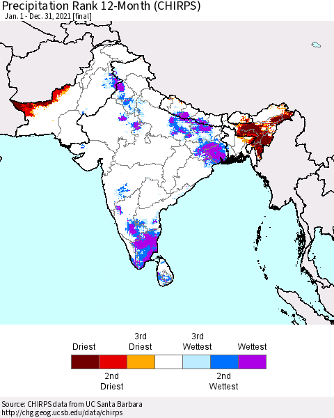 Southern Asia Precipitation Rank 12-Month (CHIRPS) Thematic Map For 1/1/2021 - 12/31/2021