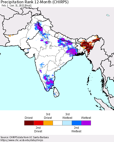 Southern Asia Precipitation Rank 12-Month (CHIRPS) Thematic Map For 2/1/2021 - 1/31/2022