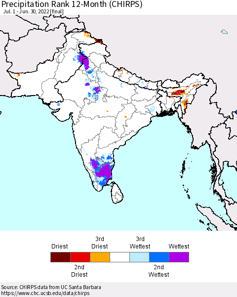 Southern Asia Precipitation Rank 12-Month (CHIRPS) Thematic Map For 7/1/2021 - 6/30/2022