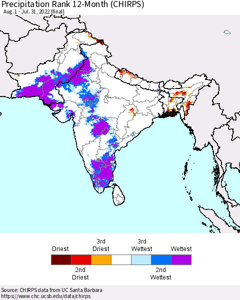 Southern Asia Precipitation Rank 12-Month (CHIRPS) Thematic Map For 8/1/2021 - 7/31/2022