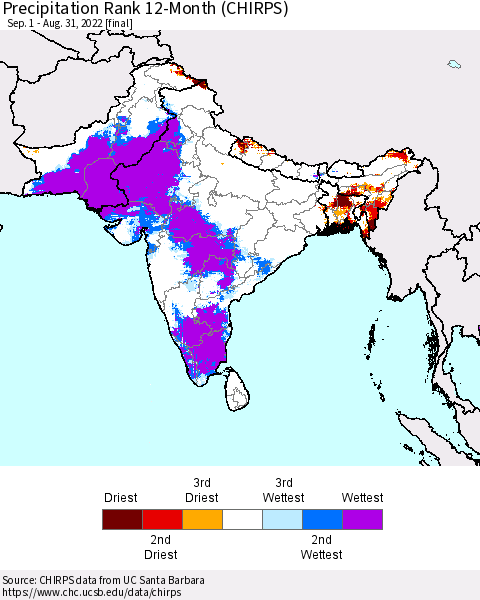 Southern Asia Precipitation Rank 12-Month (CHIRPS) Thematic Map For 9/1/2021 - 8/31/2022