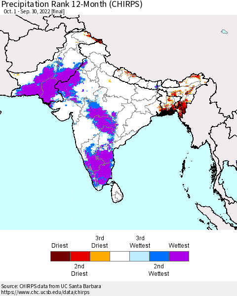 Southern Asia Precipitation Rank 12-Month (CHIRPS) Thematic Map For 10/1/2021 - 9/30/2022