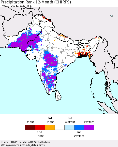 Southern Asia Precipitation Rank since 1981, 12-Month (CHIRPS) Thematic Map For 11/1/2021 - 10/31/2022