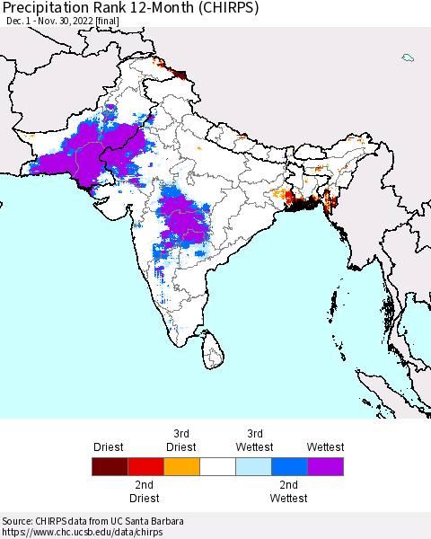 Southern Asia Precipitation Rank since 1981, 12-Month (CHIRPS) Thematic Map For 12/1/2021 - 11/30/2022