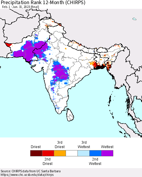 Southern Asia Precipitation Rank since 1981, 12-Month (CHIRPS) Thematic Map For 2/1/2022 - 1/31/2023