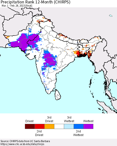 Southern Asia Precipitation Rank since 1981, 12-Month (CHIRPS) Thematic Map For 3/1/2022 - 2/28/2023