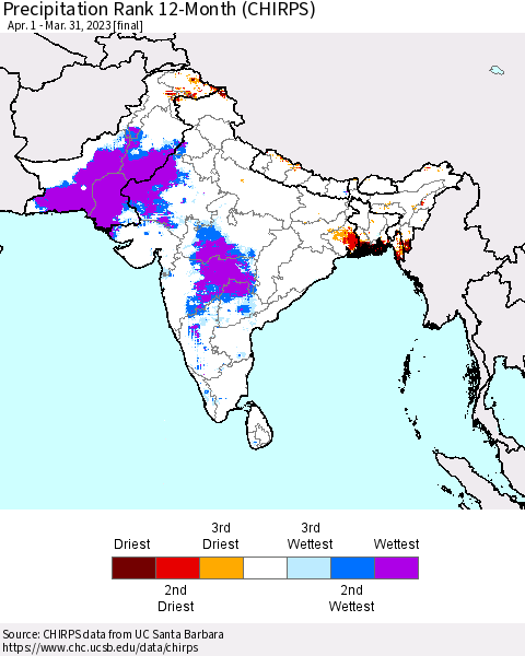 Southern Asia Precipitation Rank since 1981, 12-Month (CHIRPS) Thematic Map For 4/1/2022 - 3/31/2023