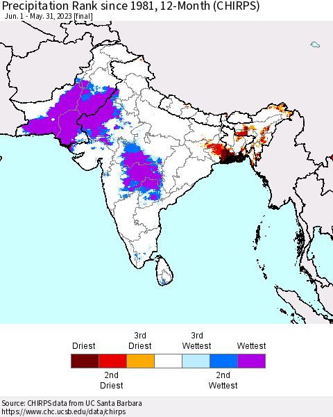 Southern Asia Precipitation Rank since 1981, 12-Month (CHIRPS) Thematic Map For 6/1/2022 - 5/31/2023