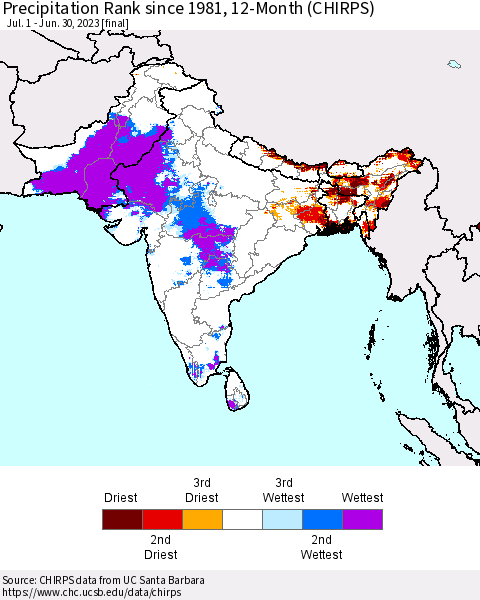 Southern Asia Precipitation Rank since 1981, 12-Month (CHIRPS) Thematic Map For 7/1/2022 - 6/30/2023