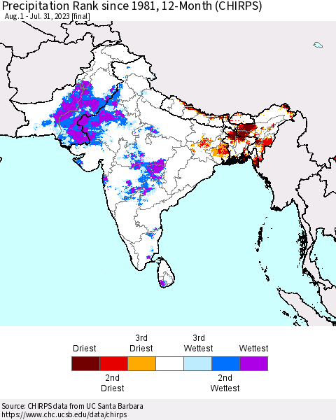 Southern Asia Precipitation Rank since 1981, 12-Month (CHIRPS) Thematic Map For 8/1/2022 - 7/31/2023