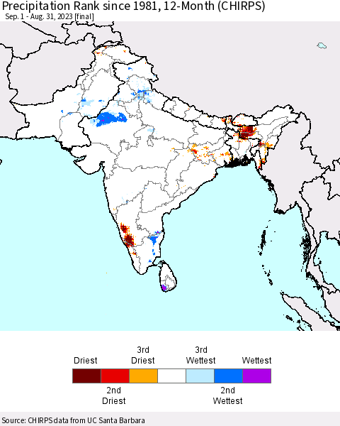 Southern Asia Precipitation Rank since 1981, 12-Month (CHIRPS) Thematic Map For 9/1/2022 - 8/31/2023