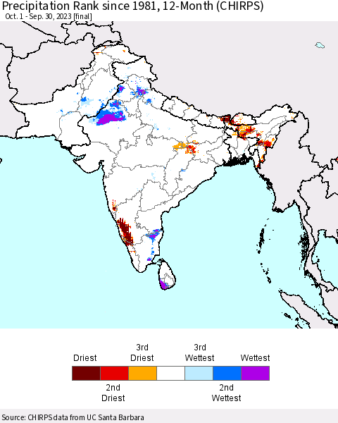 Southern Asia Precipitation Rank since 1981, 12-Month (CHIRPS) Thematic Map For 10/1/2022 - 9/30/2023