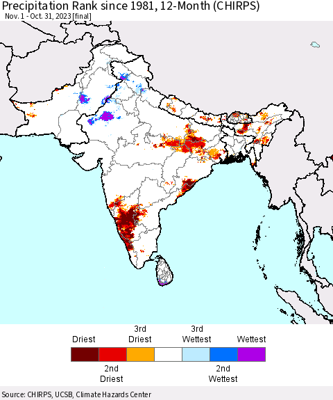 Southern Asia Precipitation Rank since 1981, 12-Month (CHIRPS) Thematic Map For 11/1/2022 - 10/31/2023