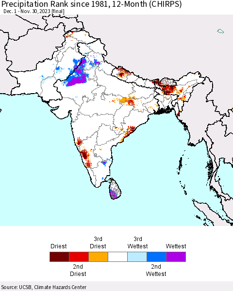 Southern Asia Precipitation Rank since 1981, 12-Month (CHIRPS) Thematic Map For 12/1/2022 - 11/30/2023