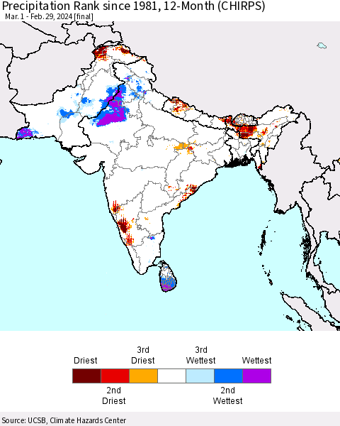 Southern Asia Precipitation Rank since 1981, 12-Month (CHIRPS) Thematic Map For 3/1/2023 - 2/29/2024