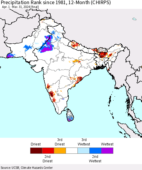 Southern Asia Precipitation Rank since 1981, 12-Month (CHIRPS) Thematic Map For 4/1/2023 - 3/31/2024