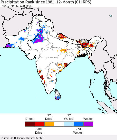 Southern Asia Precipitation Rank since 1981, 12-Month (CHIRPS) Thematic Map For 5/1/2023 - 4/30/2024