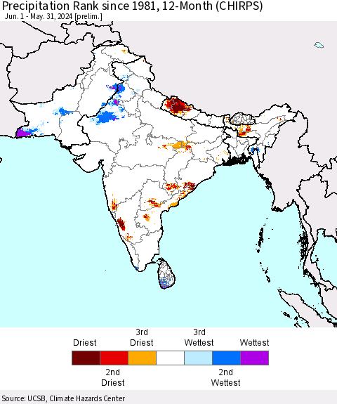Southern Asia Precipitation Rank since 1981, 12-Month (CHIRPS) Thematic Map For 6/1/2023 - 5/31/2024